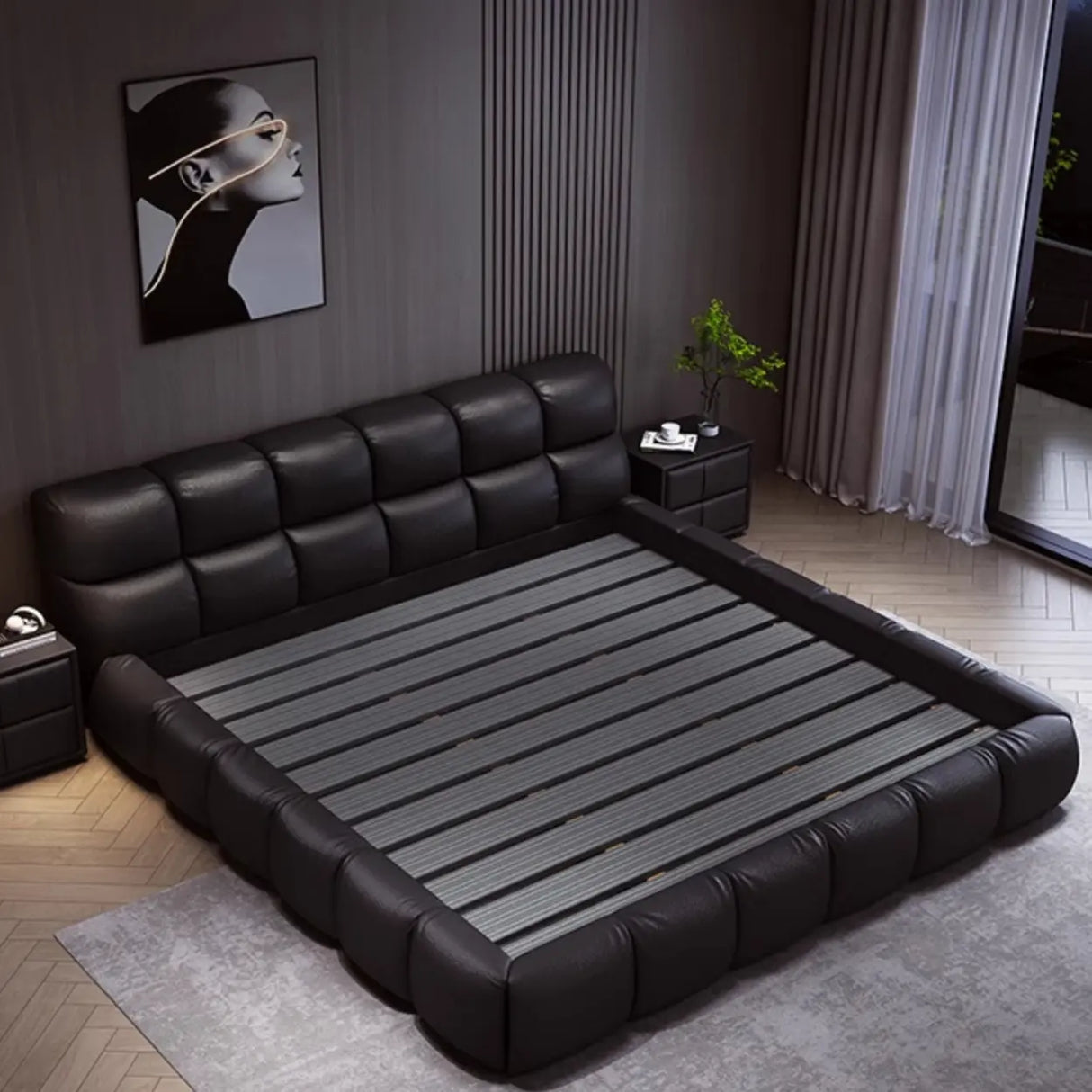 Black King Modern Leather Headboard  Floor Bed Frame Image - 7