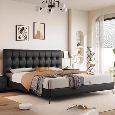 Black King Upholstered Headboard PU Storage Included Bed Image - 1
