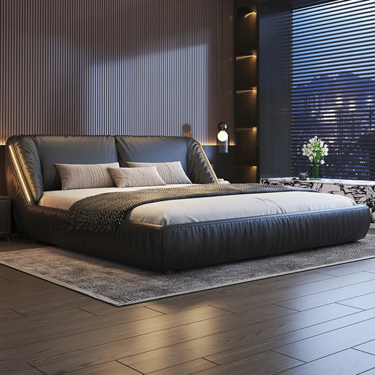 Black King Upholstered Leather Modern Wingback Bed Image - 1