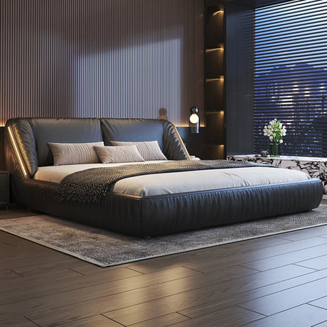 Black King Upholstered Leather Modern Wingback Bed Image - 1