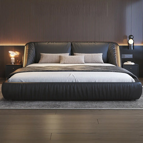 Black King Upholstered Leather Modern Wingback Bed Image - 2