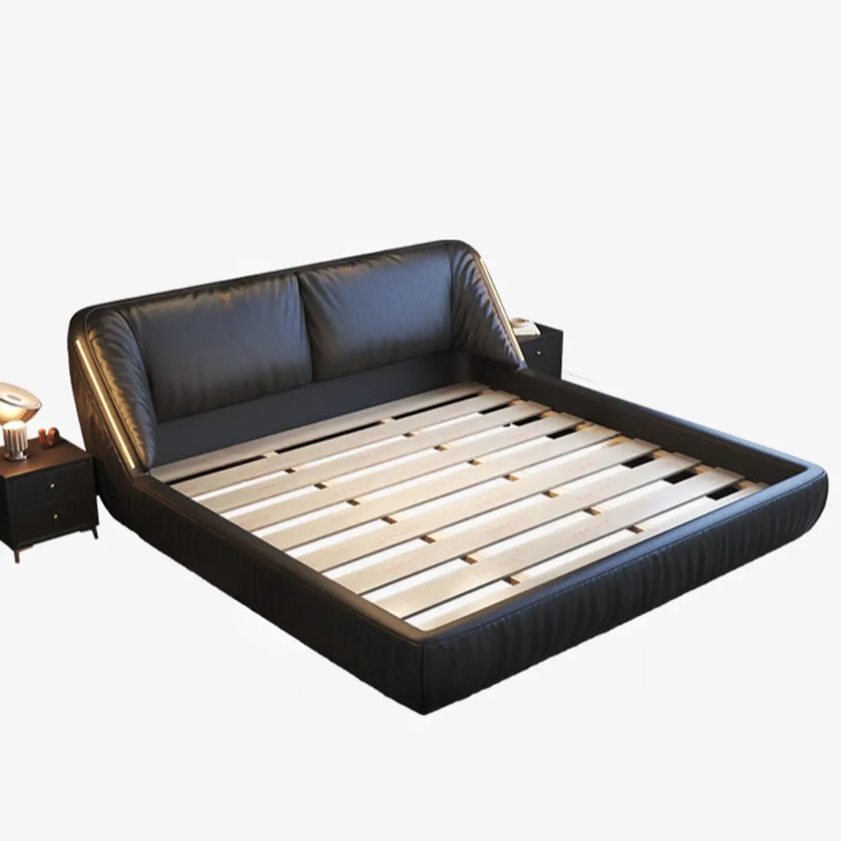 Black King Upholstered Leather Modern Wingback Bed Image - 4