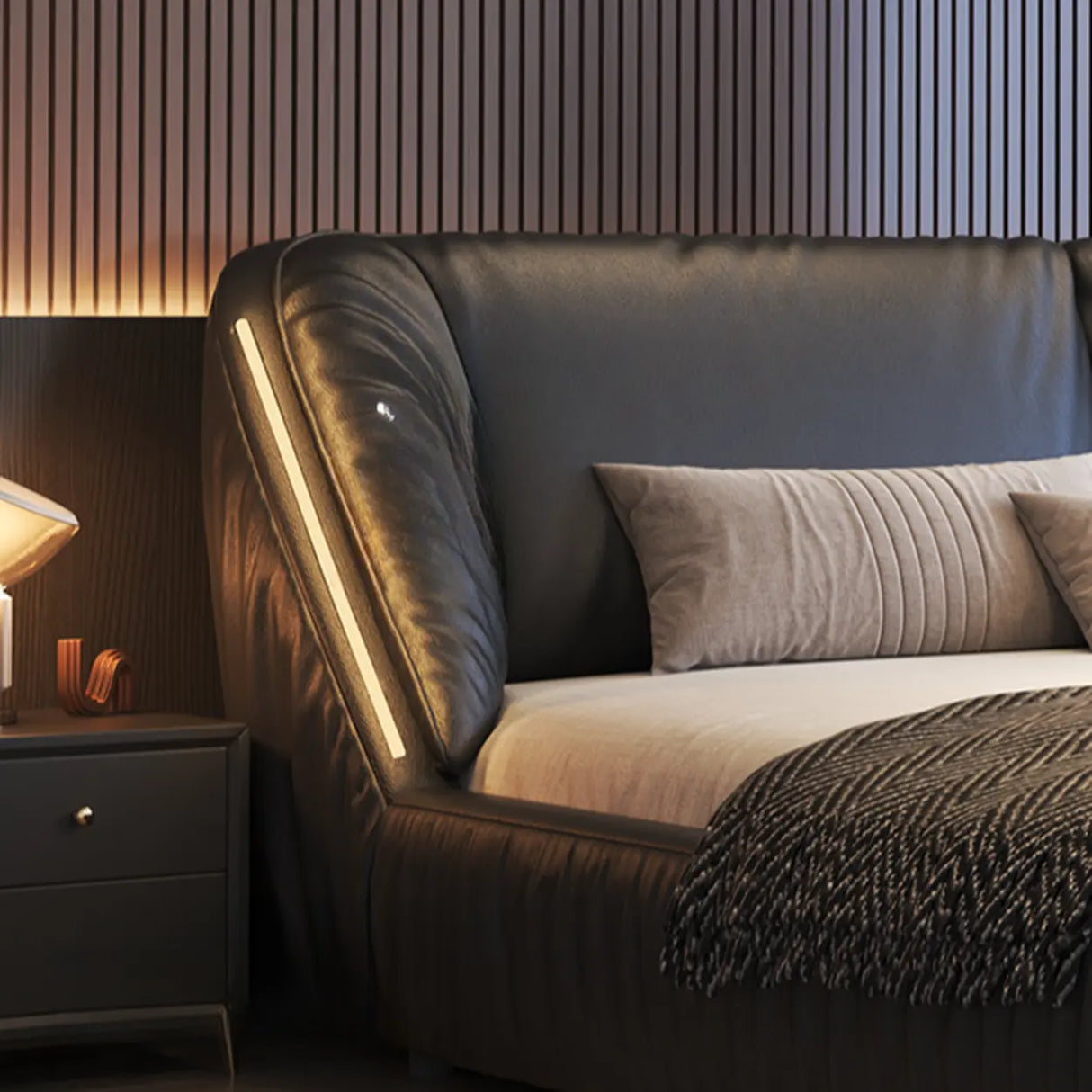 Black King Upholstered Leather Modern Wingback Bed Image - 7