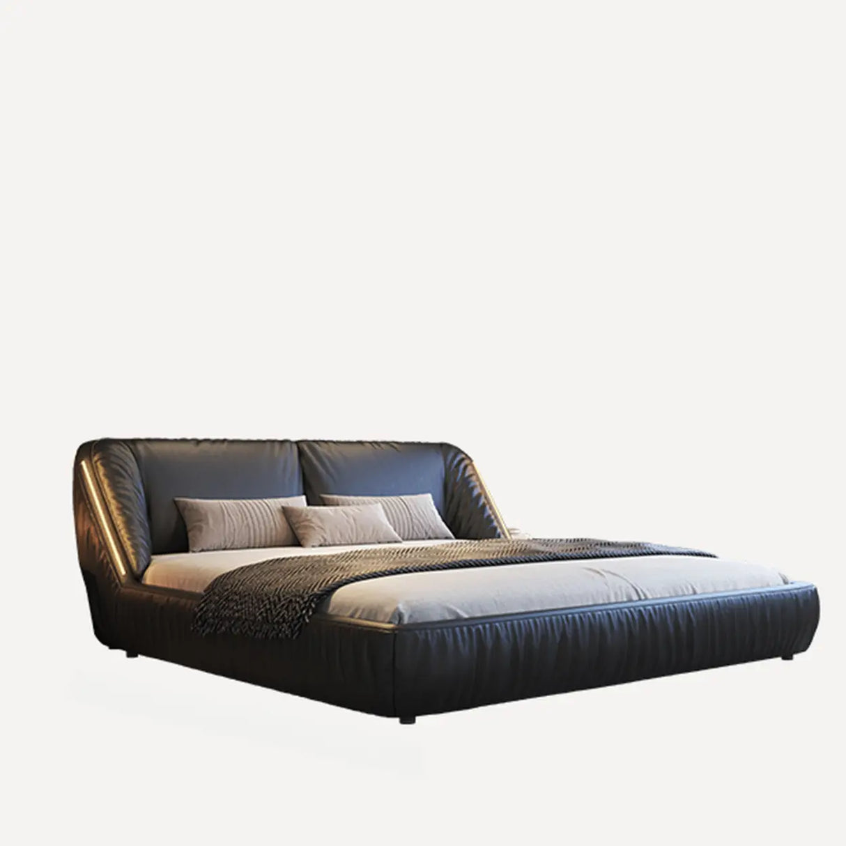 Black King Upholstered Leather Modern Wingback Bed Image - 9