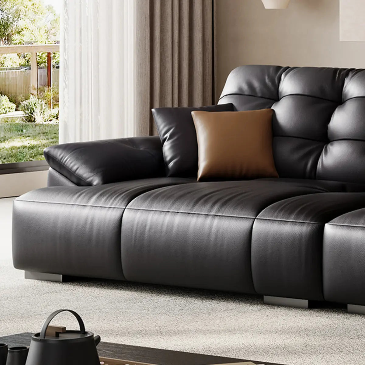Black Leather Light Wood Frame Reception Sofa with Arms Image - 6