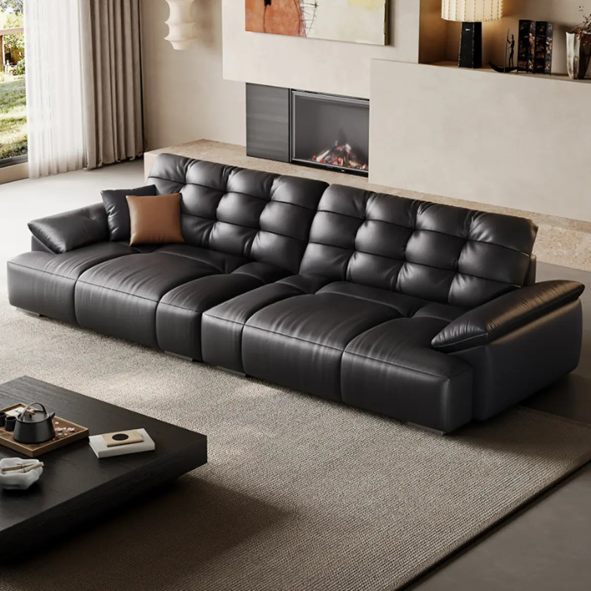 Black Leather Light Wood Frame Reception Sofa with Arms Image - 7