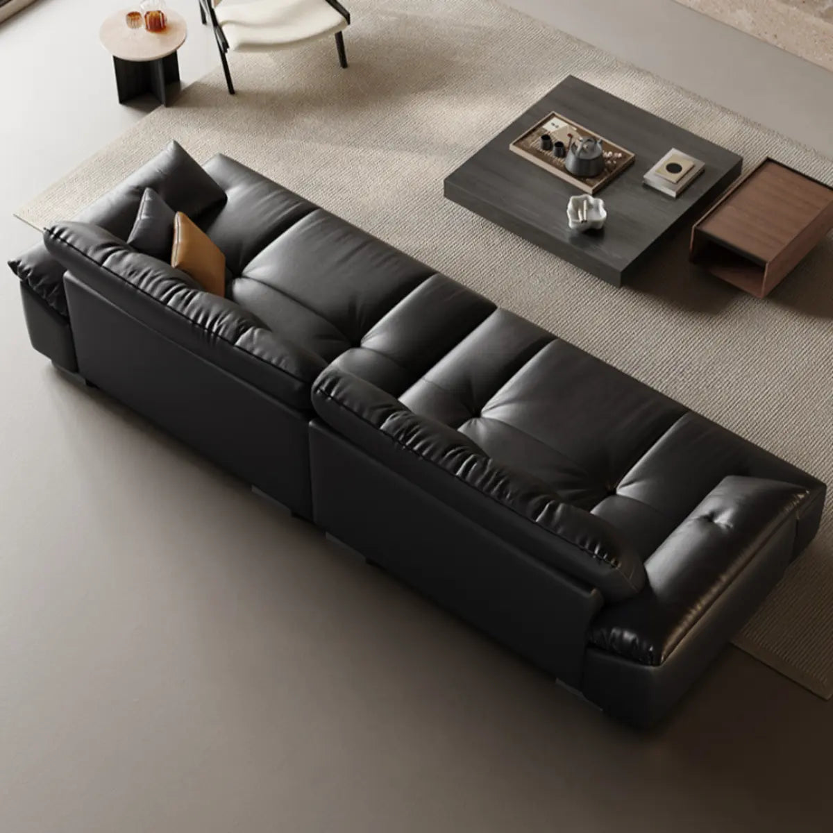Black Leather Light Wood Frame Reception Sofa with Arms Image - 9
