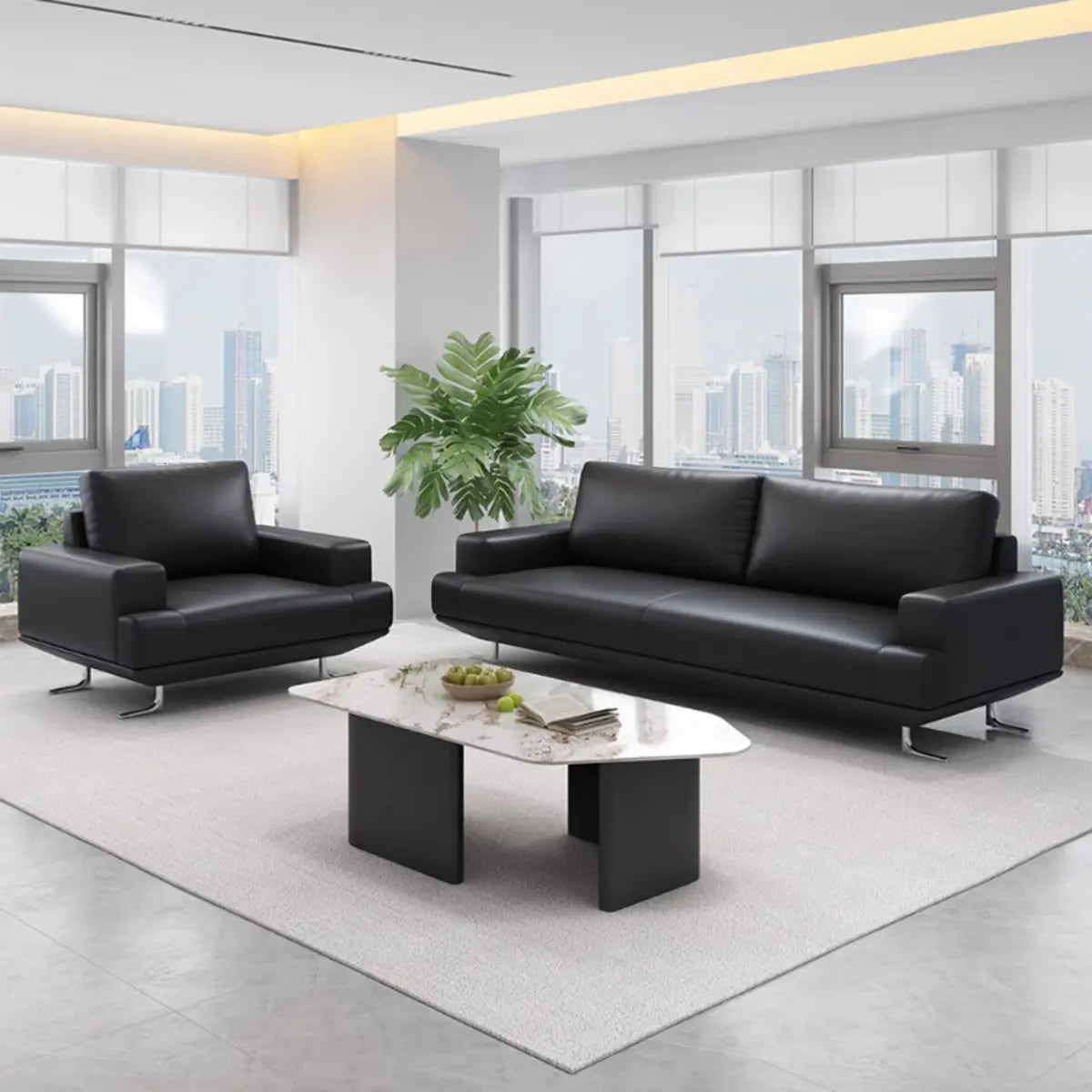 Black Leather Office Reception Sofa Set	with Legs Image - 3