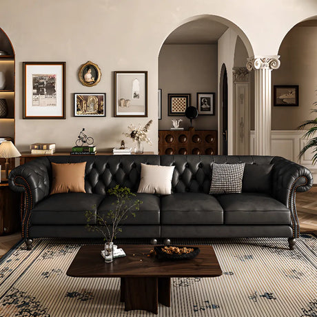 Black Leather Rolled Arm Tufted Sofa with Nailhead Trim Image - 1
