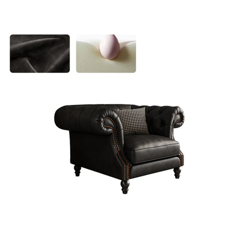 Black Leather Rolled Arm Tufted Sofa with Nailhead Trim Image - 2