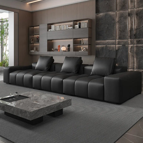 Black Leather Three-Seats Wood Frame Reception Sofa Image - 1