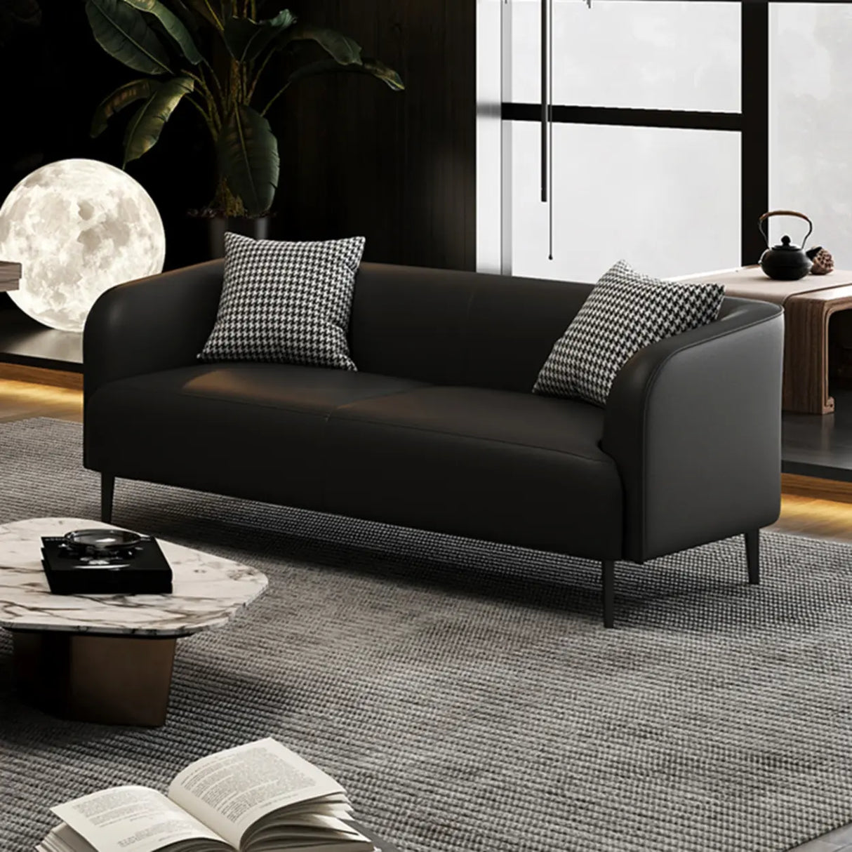 Black Leather Wood Frame Reception Sofa with Pillow Image - 1