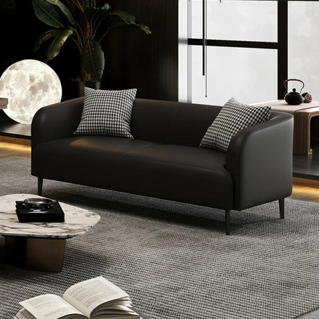 Black Leather Wood Frame Reception Sofa with Pillow Image - 1