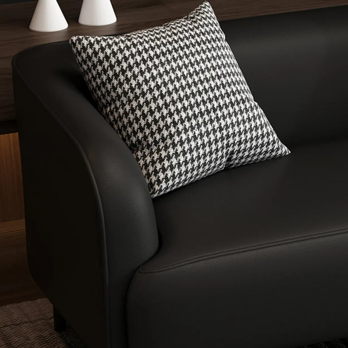 Black Leather Wood Frame Reception Sofa with Pillow Image - 10