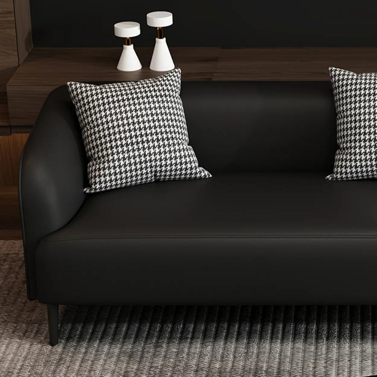 Black Leather Wood Frame Reception Sofa with Pillow Image - 12