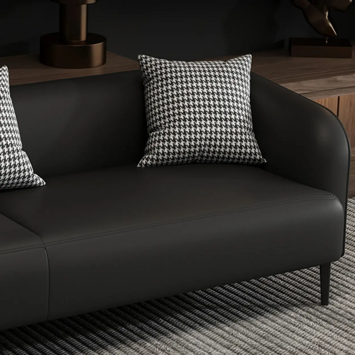 Black Leather Wood Frame Reception Sofa with Pillow Image - 13