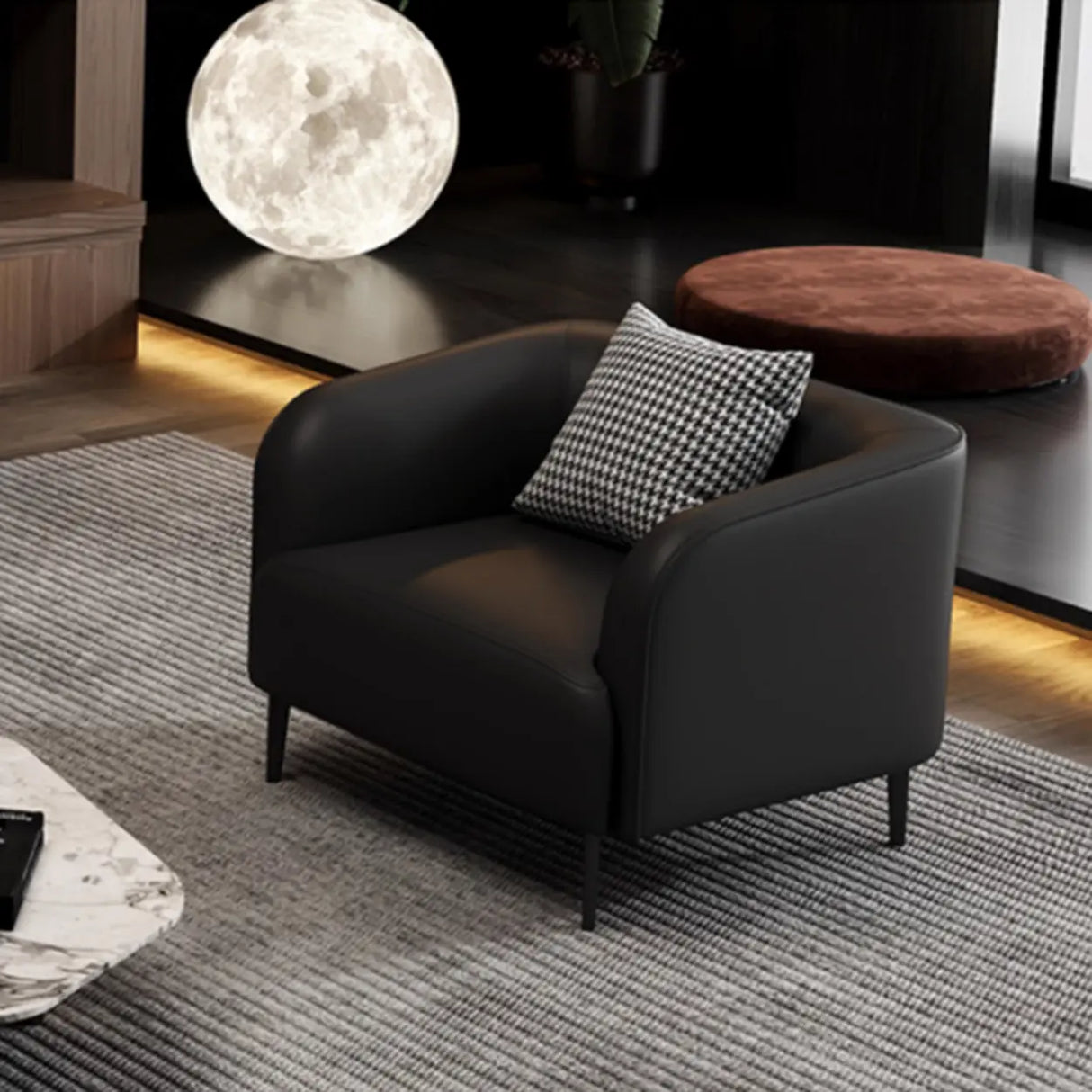 Black Leather Wood Frame Reception Sofa with Pillow Image - 15