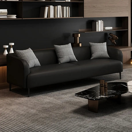 Black Leather Wood Frame Reception Sofa with Pillow Image - 2
