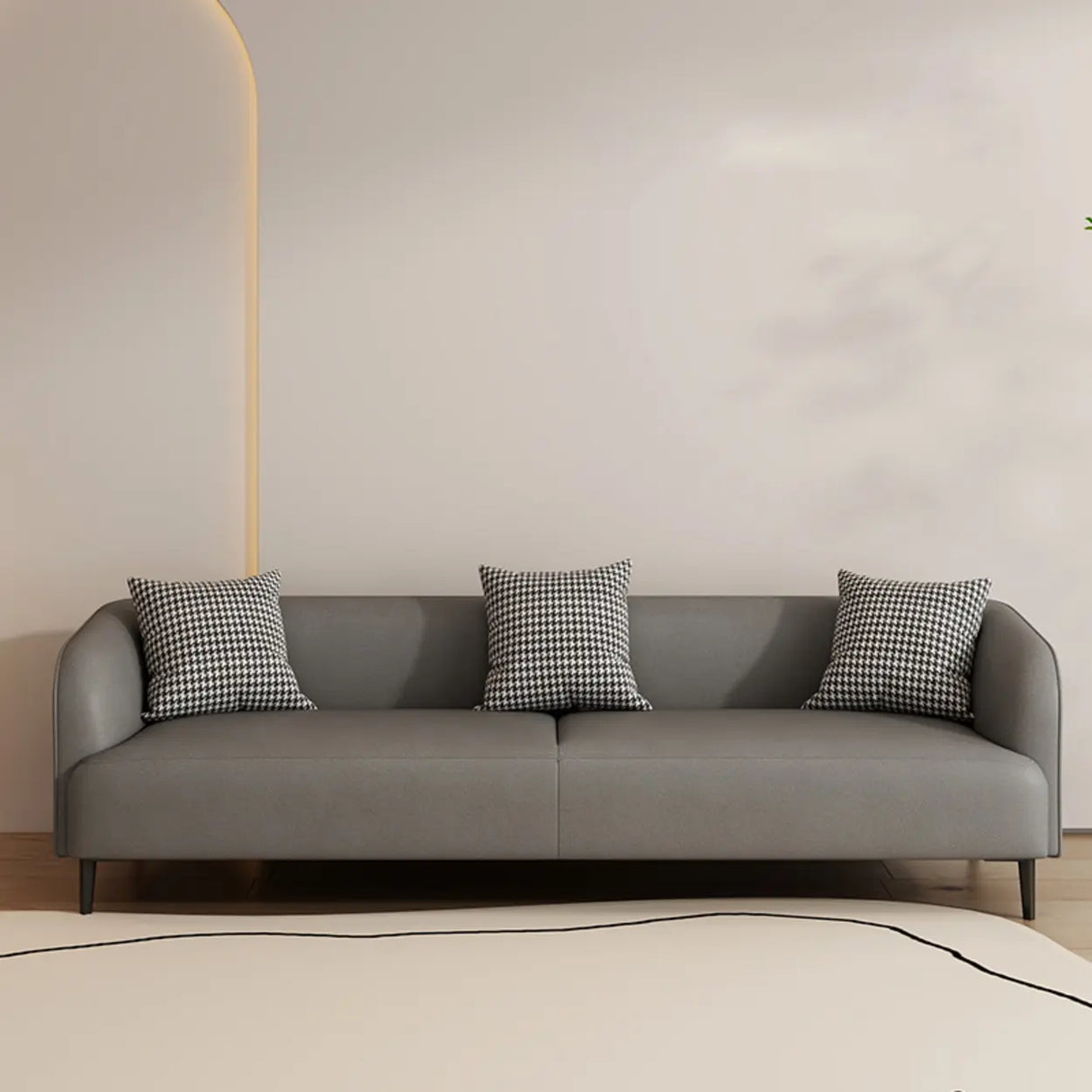 Black Leather Wood Frame Reception Sofa with Pillow Image - 3