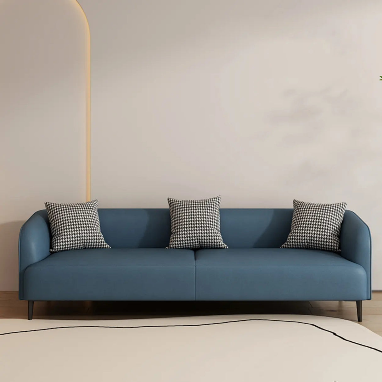 Black Leather Wood Frame Reception Sofa with Pillow Image - 5