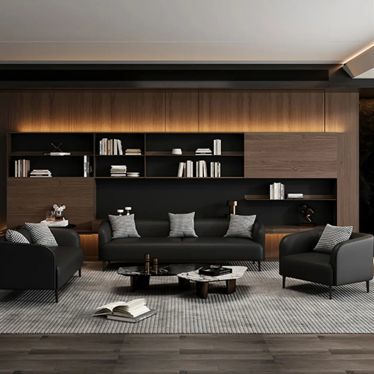 Black Leather Wood Frame Reception Sofa with Pillow Image - 6