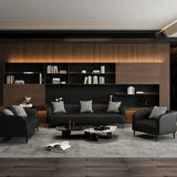Black Leather Wood Frame Reception Sofa with Pillow Image - 6