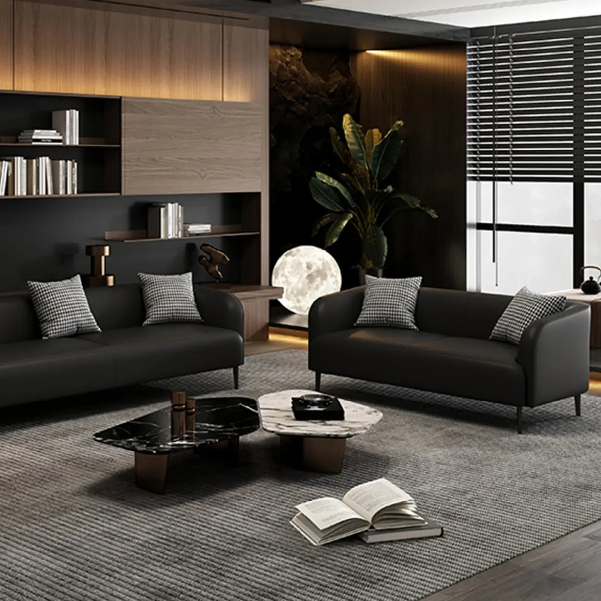 Black Leather Wood Frame Reception Sofa with Pillow Image - 8