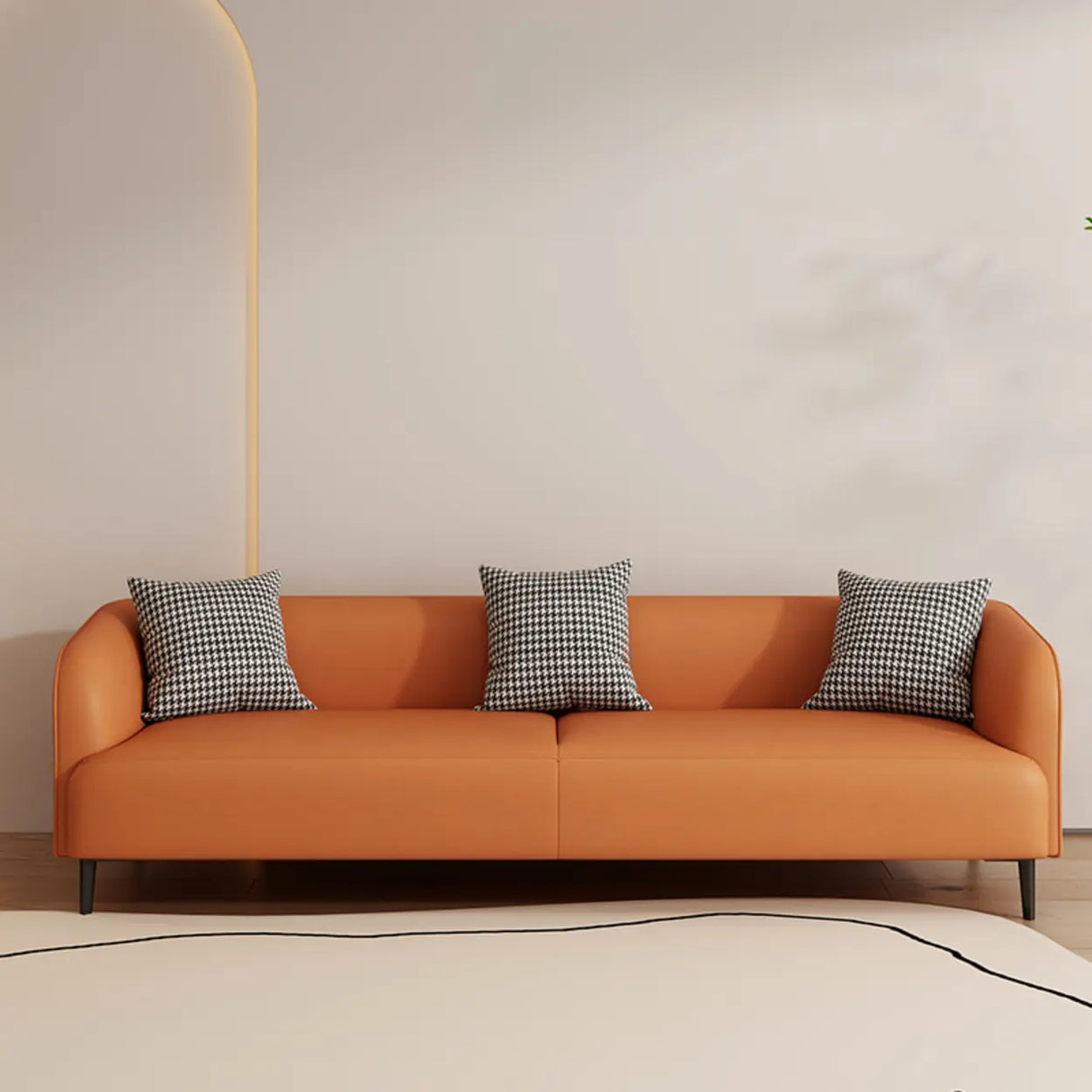 Black Leather Wood Frame Reception Sofa with Pillow Image - 9