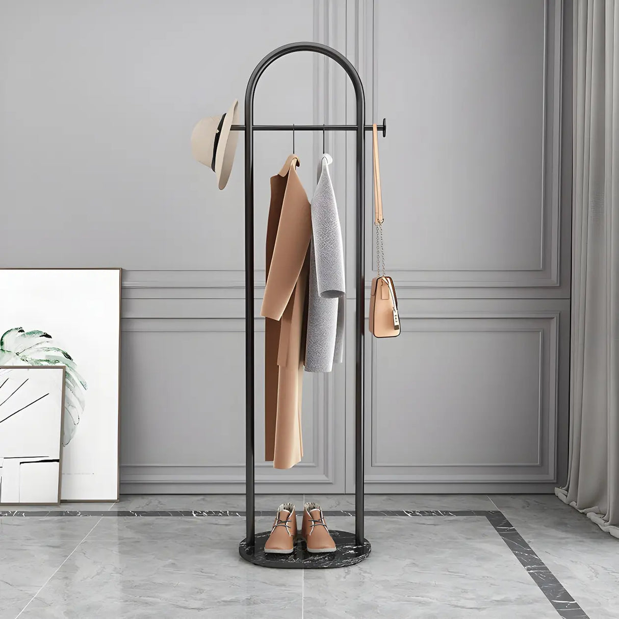 Black Marble Base Arched Metal Freestanding Coat Rack Image - 1