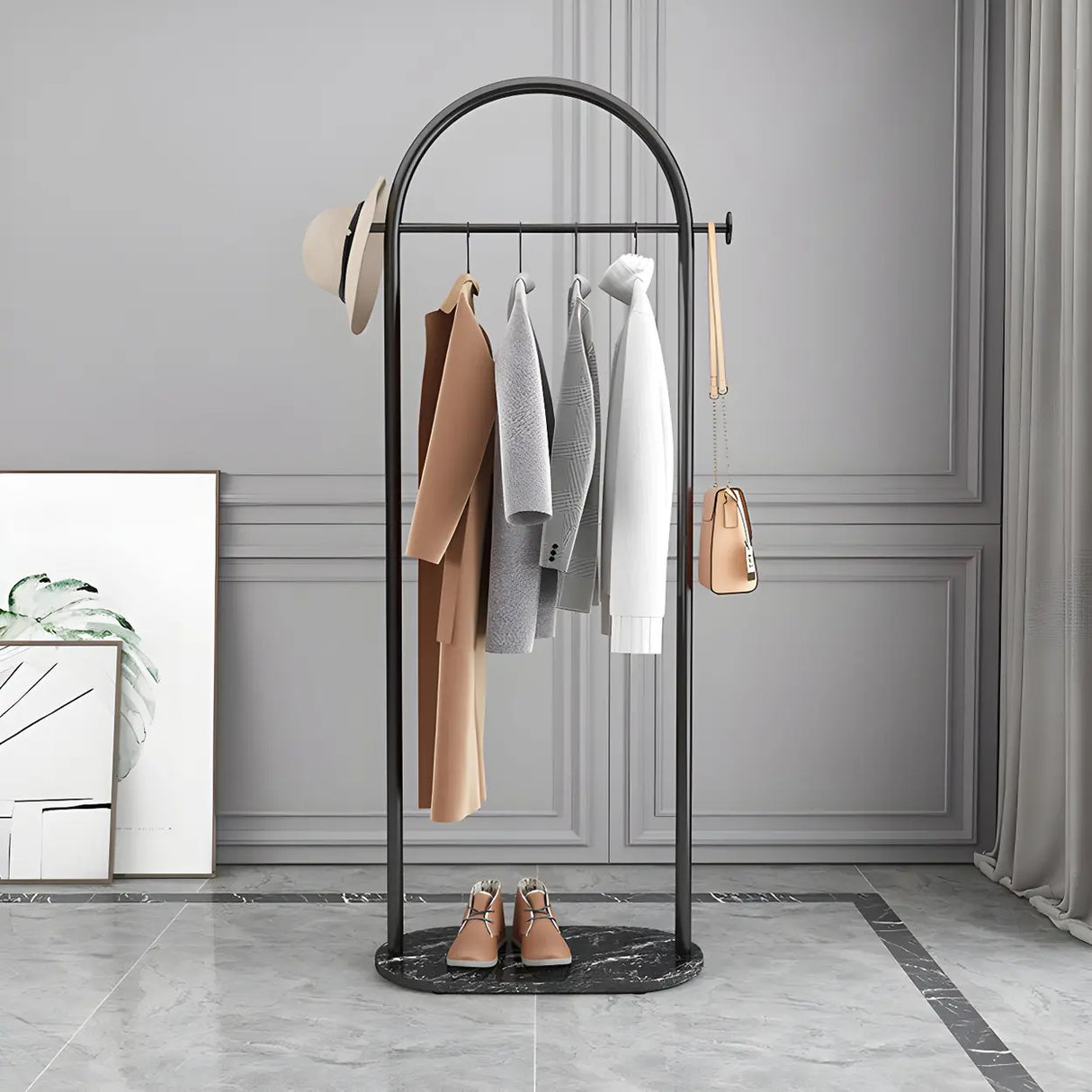 Black Marble Base Arched Metal Freestanding Coat Rack Image - 2