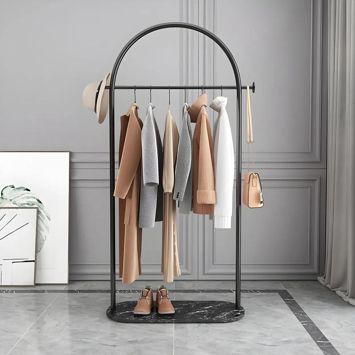 Black Marble Base Arched Metal Freestanding Coat Rack Image - 3