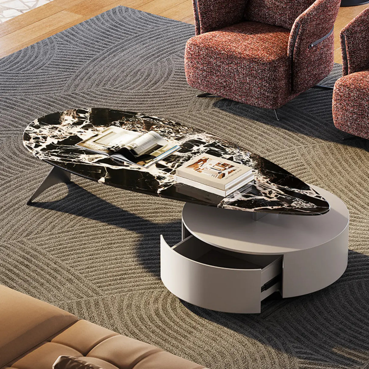 Black Marble Free Form Metal Base Storage Coffee Table Image - 10