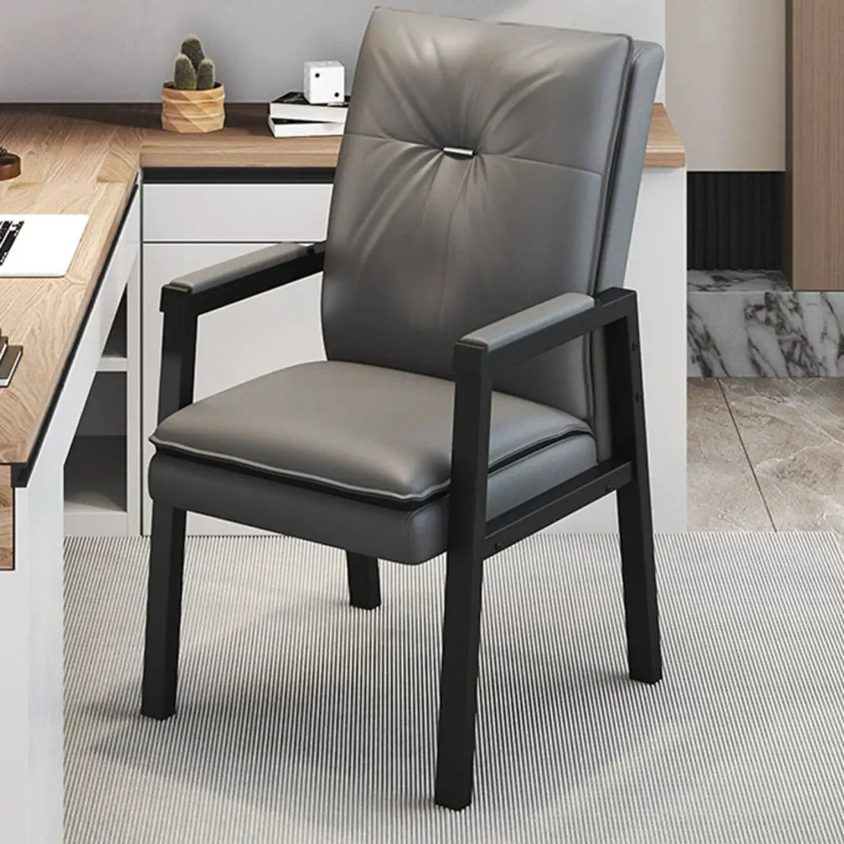 Black Metal Frame Leather Lounge Ergonomic Office Chair Image - 5