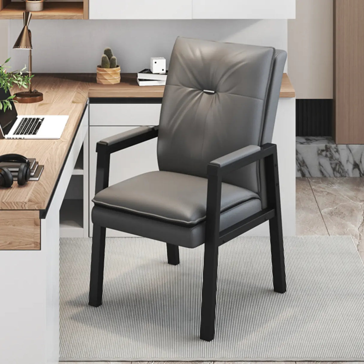 Black Metal Frame Leather Lounge Ergonomic Office Chair Image - 6