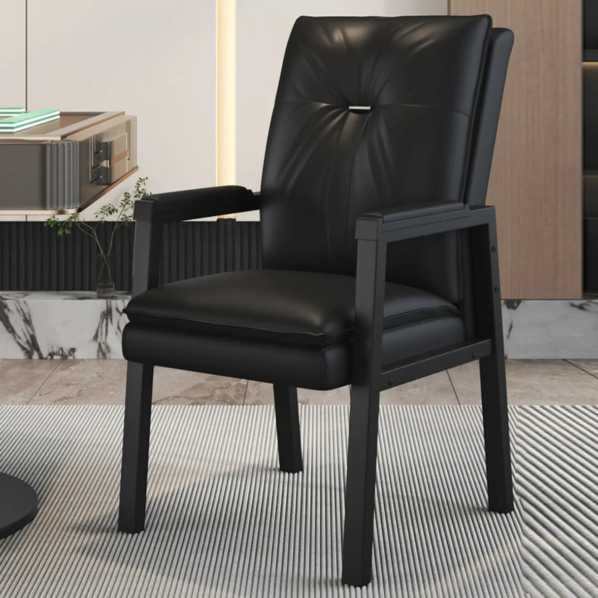 Black Metal Frame Leather Lounge Ergonomic Office Chair Image - 9