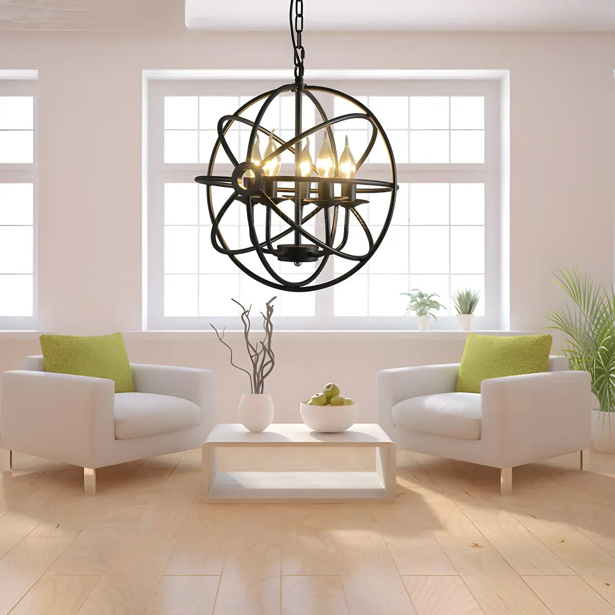 Black Metal Globe Candelabra Chain Foyer Chandelier Image - 2