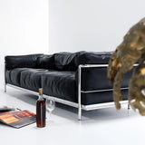 Black Microfiber Leather Silver Frame 3-Seater Sofa Image - 1