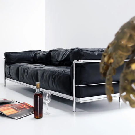 Black Microfiber Leather Silver Frame 3-Seater Sofa Image - 1