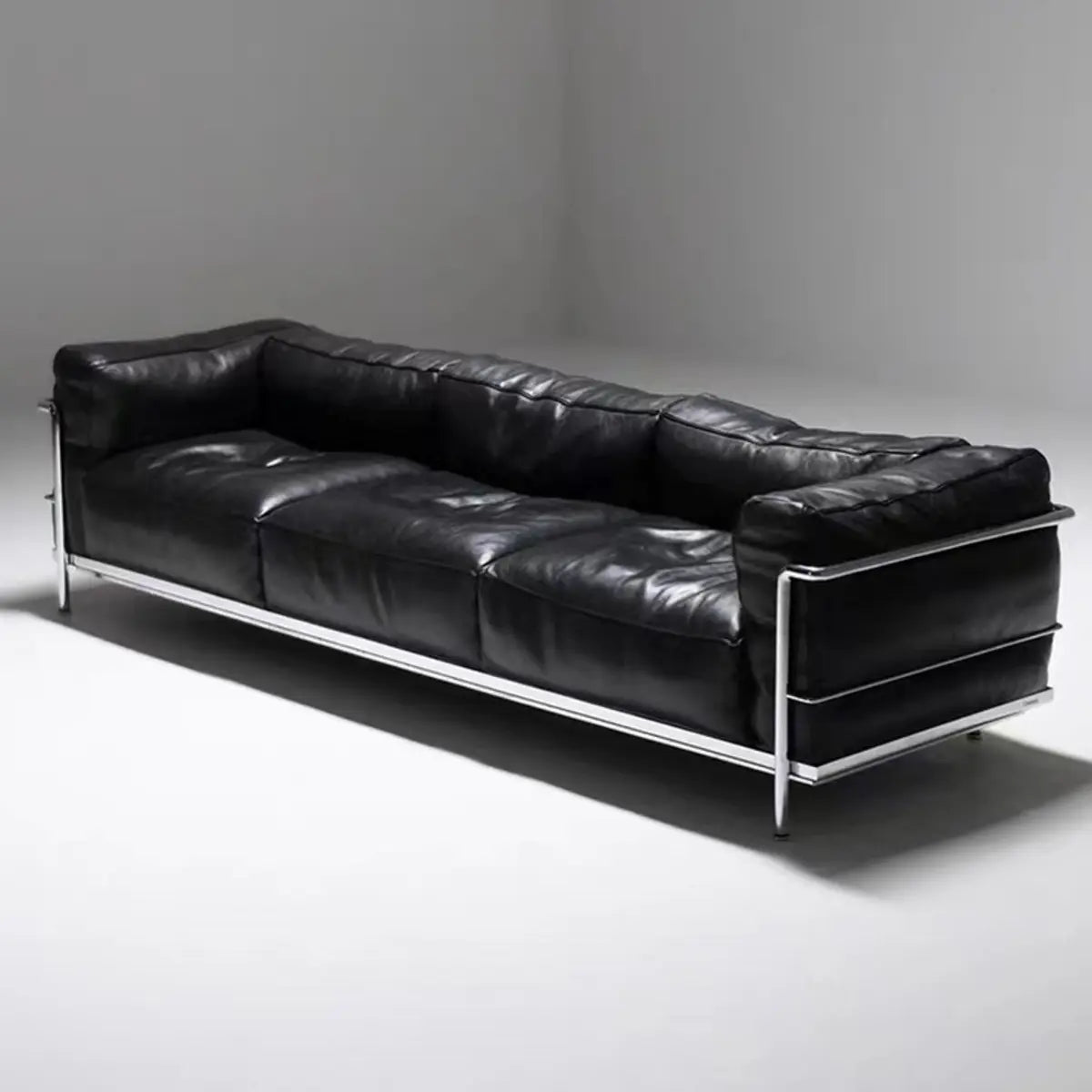 Black Microfiber Leather Silver Frame 3-Seater Sofa Image - 6