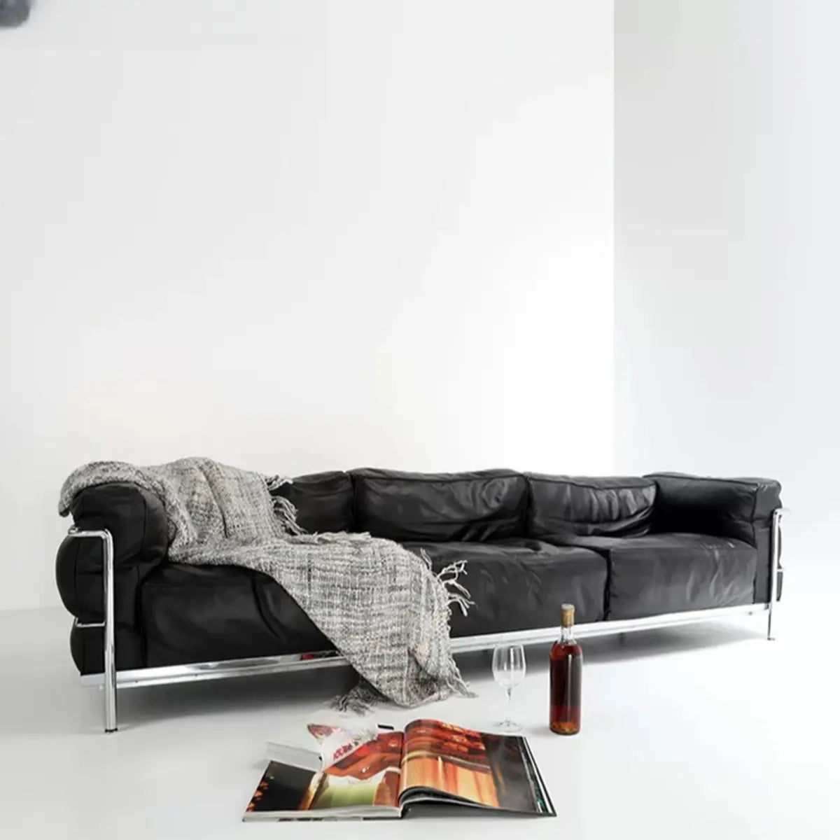 Black Microfiber Leather Silver Frame 3-Seater Sofa Image - 8
