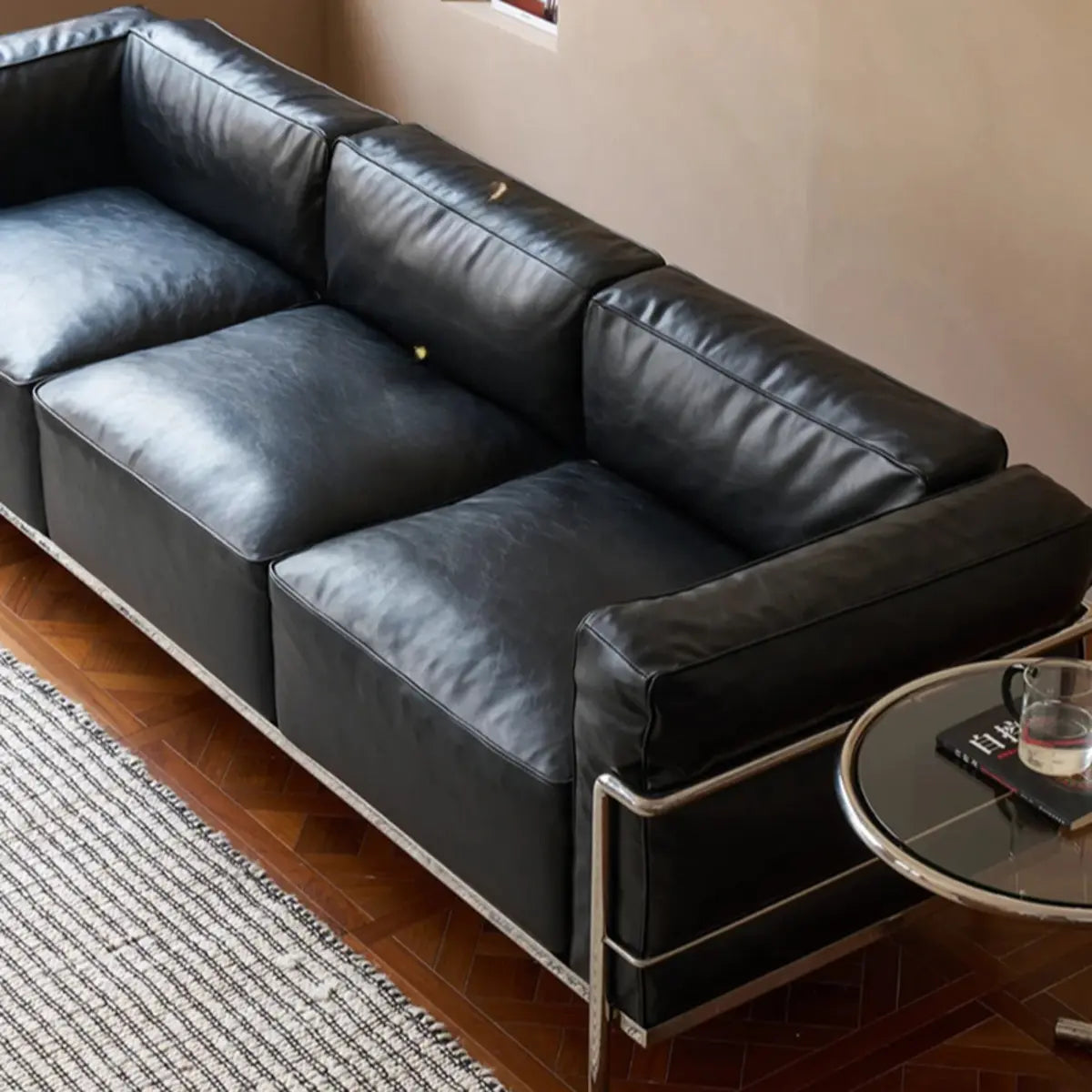 Black Microfiber Leather Silver Frame 3-Seater Sofa Image - 9
