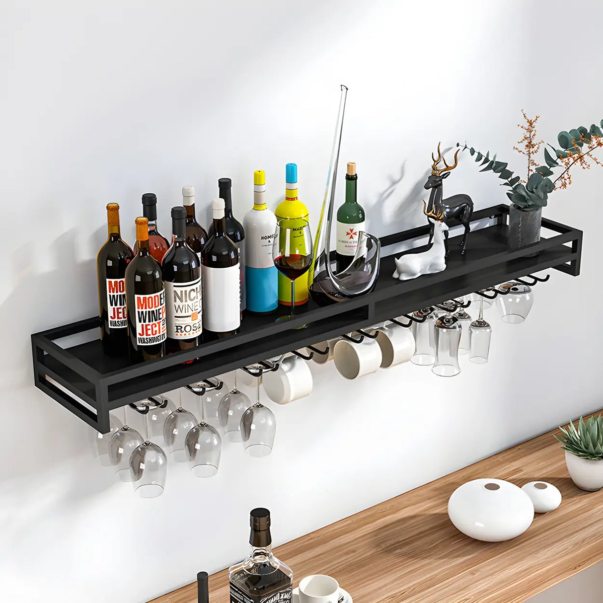 Black Minimalist Iron Floating Wall Mount Holder Wine Rack Image - 17