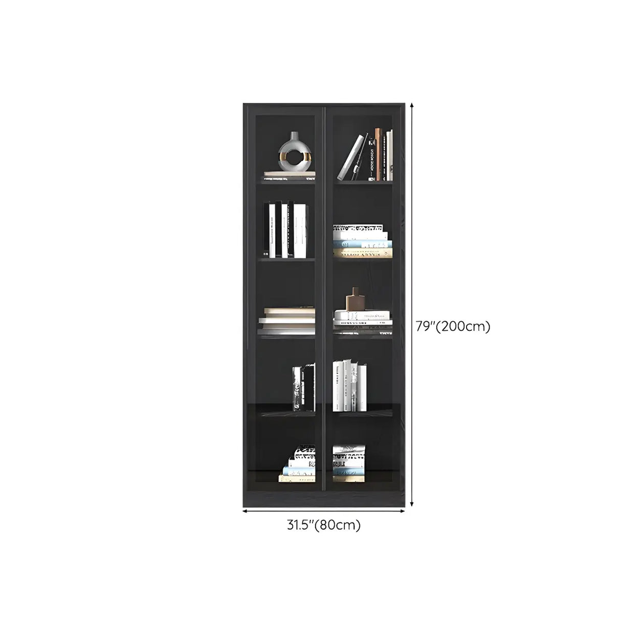 Black Modern Glass Doors Closed Standard Tall Bookcase Image - 12