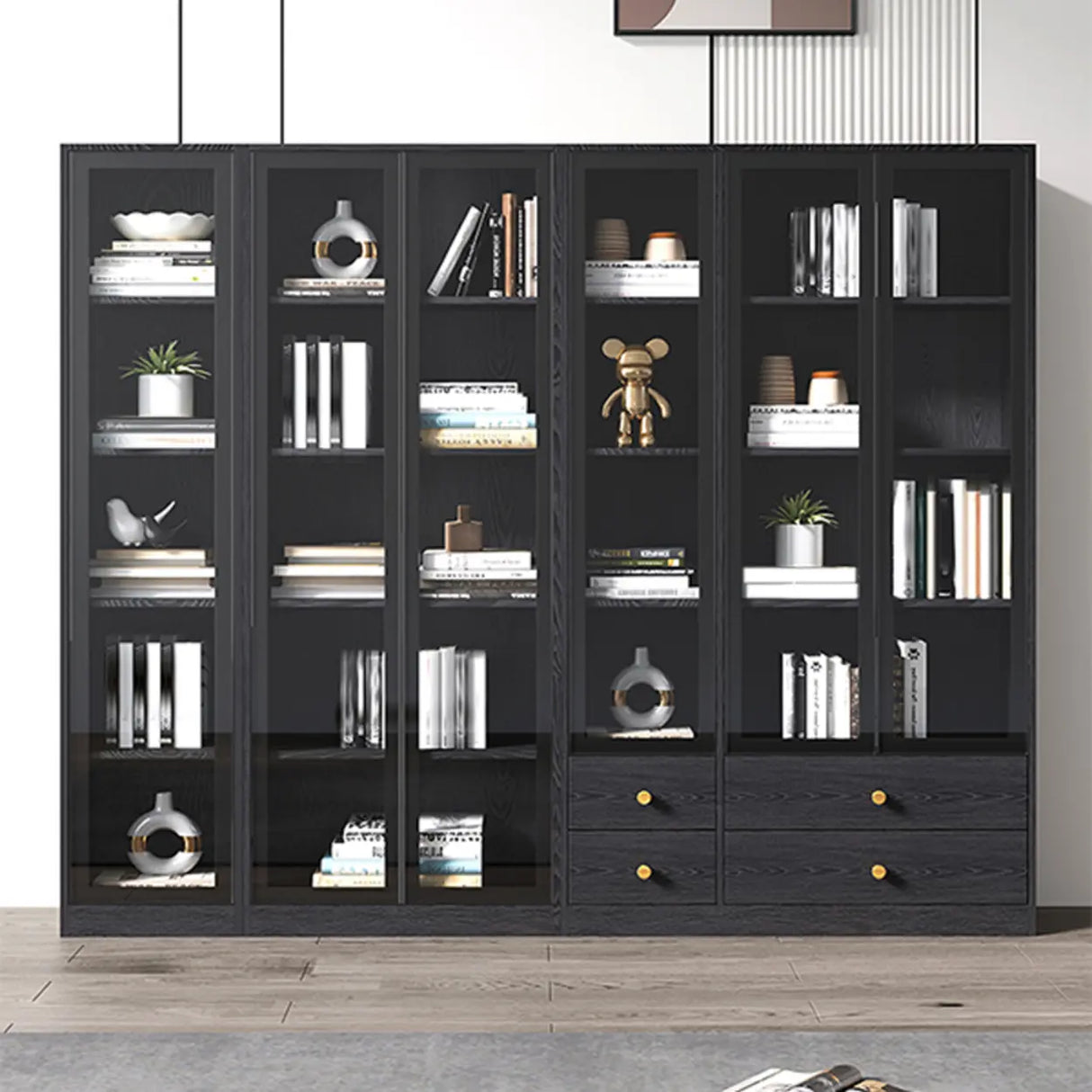 Black Modern Glass Doors Closed Standard Tall Bookcase Image - 1