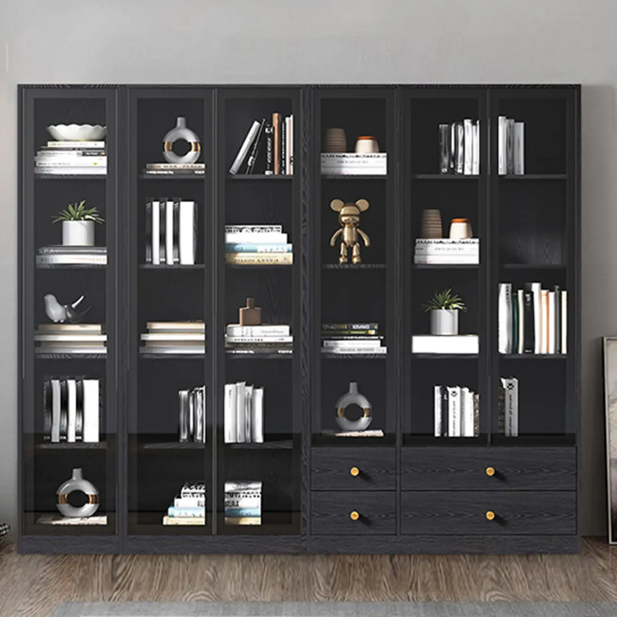 Black Modern Glass Doors Closed Standard Tall Bookcase Image - 4