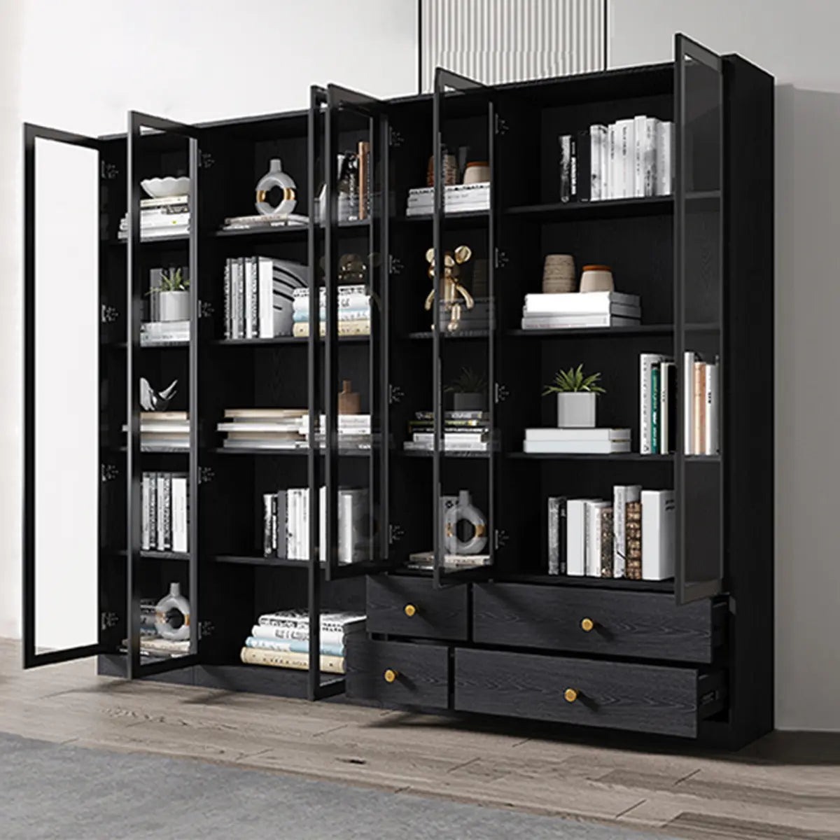 Black Modern Glass Doors Closed Standard Tall Bookcase Image - 5