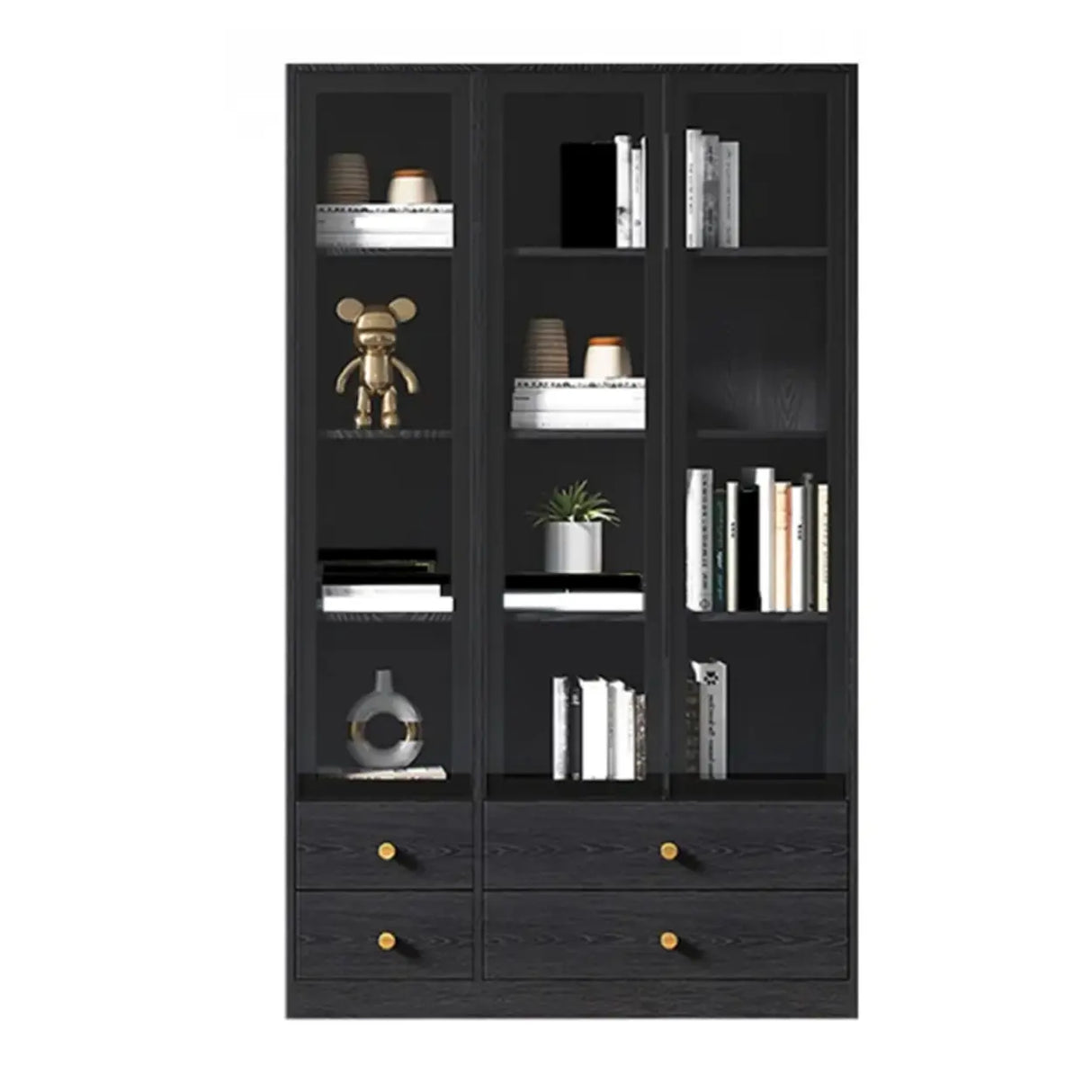 Black Modern Glass Doors Closed Standard Tall Bookcase Image - 7