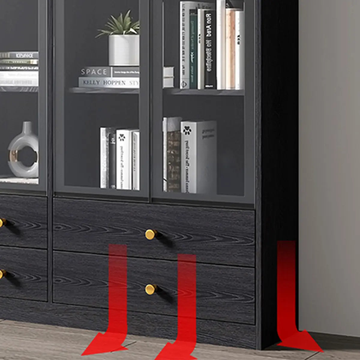 Black Modern Glass Doors Closed Standard Tall Bookcase Image - 9