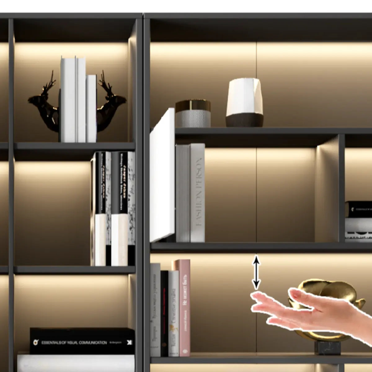 Black Modern Illuminated Vertical Wood Display Bookcase Image - 11