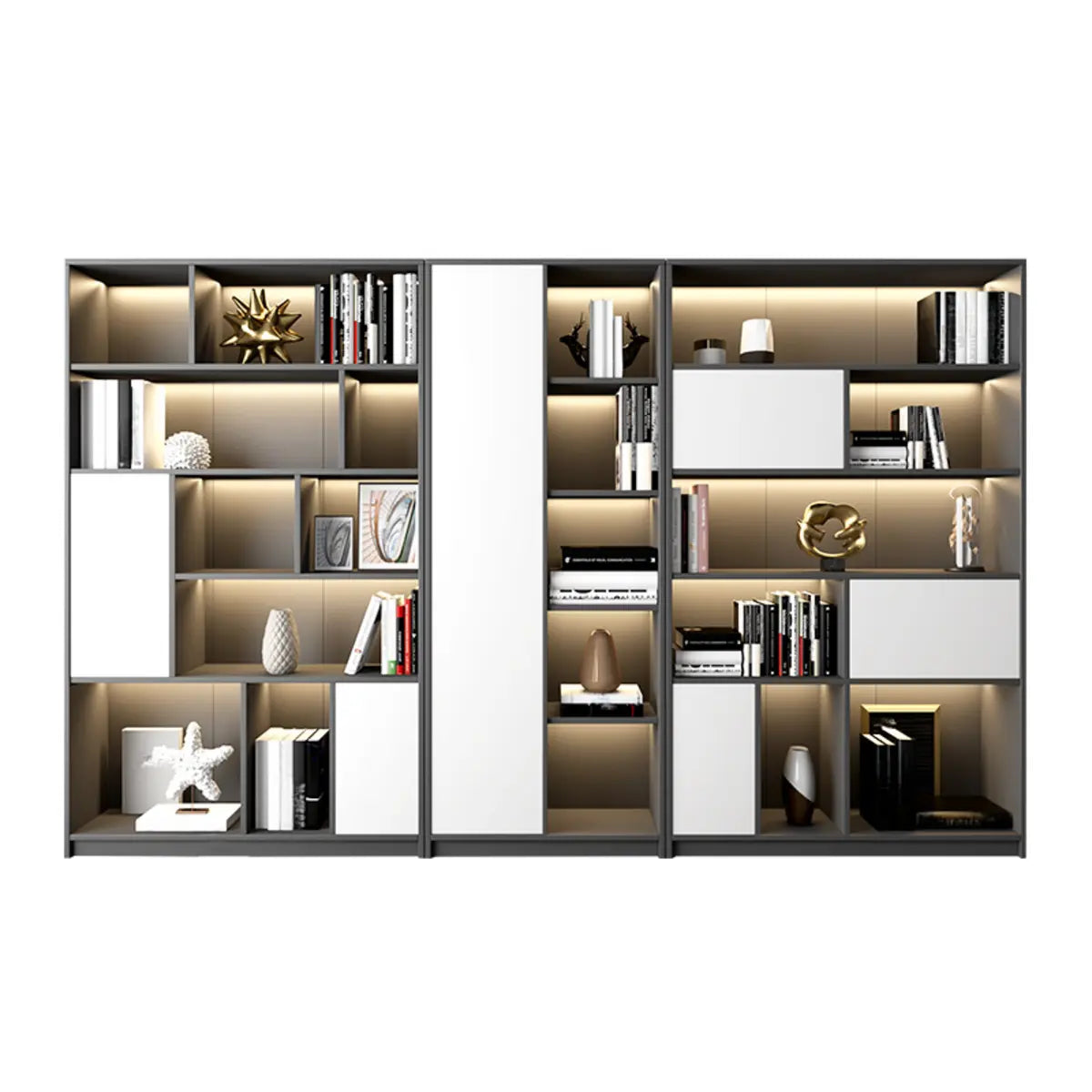 Black Modern Illuminated Vertical Wood Display Bookcase Image - 12